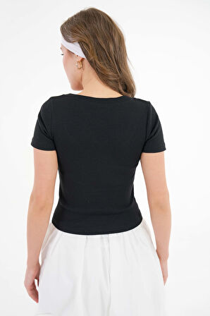 Siyah U Yaka Fitilli Örme Crop Bluz