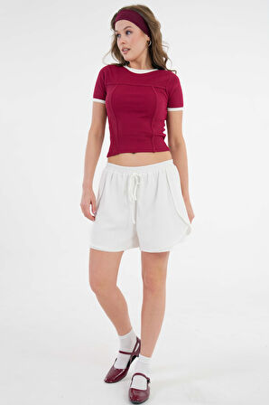 Bordo Yaka ve Kol Garni Detaylı Biyeli Fitilli Örme Crop Bluz