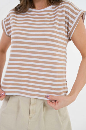 Vizon Çizgili Bisiklet Yaka Japone Kol Basic T-Shirt