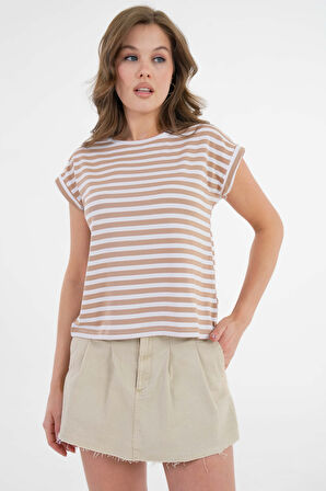 Vizon Çizgili Bisiklet Yaka Japone Kol Basic T-Shirt