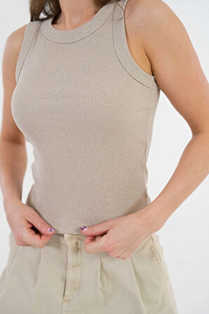 Vizon Halter Yaka Fitilli Örme Crop Bluz