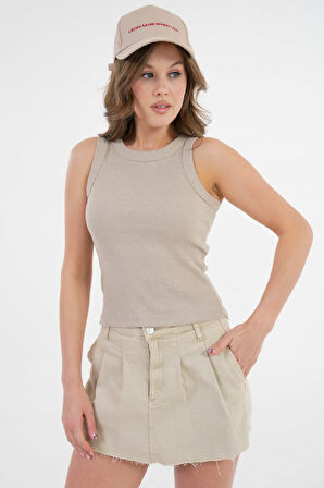 Vizon Halter Yaka Fitilli Örme Crop Bluz
