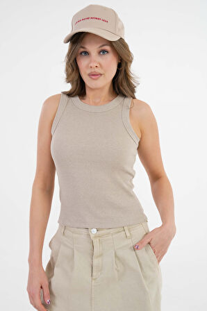 Vizon Halter Yaka Fitilli Örme Crop Bluz