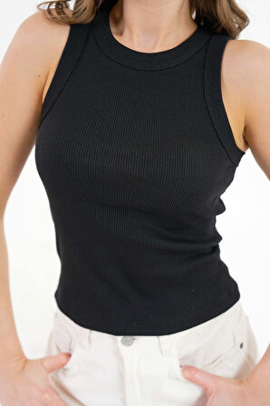 Siyah Halter Yaka Fitilli Örme Crop Bluz