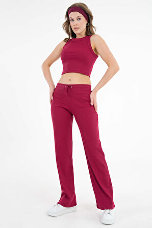 Bordo Bağcıklı Fitted/Vücuda Oturan Esnek Fitilli Örme Pantolon