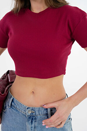 Bordo Bisiklet Yaka Kısa Kol Fitilli Örme Crop Bluz