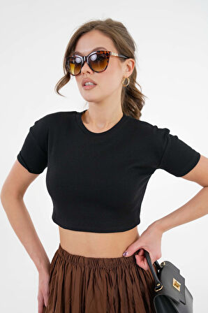 Siyah Bisiklet Yaka Kısa Kol Fitilli Örme Crop Bluz