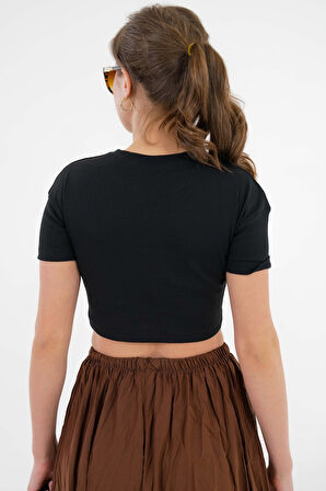 Siyah Bisiklet Yaka Kısa Kol Fitilli Örme Crop Bluz