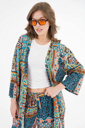 Çok Renkli Desenli Kimono -Beli Lastikli Palazzo Pantolon Alt-Üst Takım