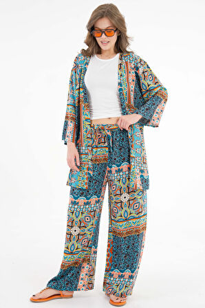 Çok Renkli Desenli Kimono -Beli Lastikli Palazzo Pantolon Alt-Üst Takım