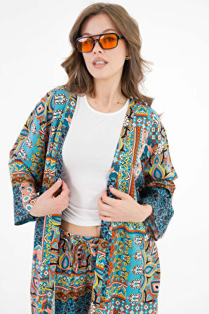 Çok Renkli Desenli Kimono -Beli Lastikli Palazzo Pantolon Alt-Üst Takım