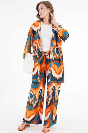 Turuncu Desenli Kimono -Beli Lastikli Palazzo Pantolon Alt-Üst Takım