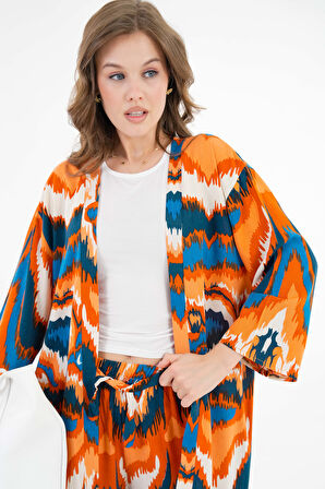Turuncu Desenli Kimono -Beli Lastikli Palazzo Pantolon Alt-Üst Takım