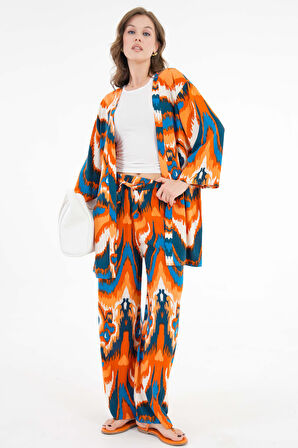 Turuncu Desenli Kimono -Beli Lastikli Palazzo Pantolon Alt-Üst Takım