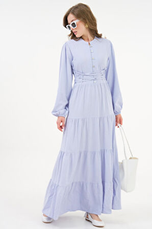 Lila Hakim Yaka Yarım Pat Bağlamalı Büzgülü Kat Dokuma  Elbise