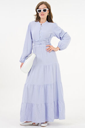 Lila Hakim Yaka Yarım Pat Bağlamalı Büzgülü Kat Dokuma  Elbise