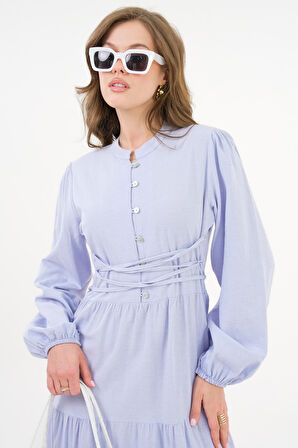 Lila Hakim Yaka Yarım Pat Bağlamalı Büzgülü Kat Dokuma  Elbise