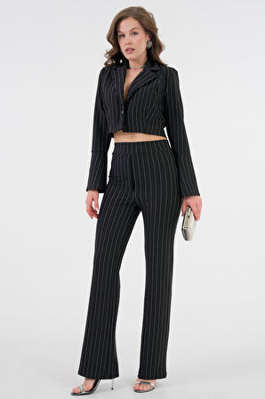 Siyah Çizgili Tek Düğme Astarsız Crop Ceket - Beli Lastikli Flare Pantolon Örme Takım