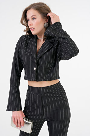 Siyah Çizgili Tek Düğme Astarsız Crop Ceket - Beli Lastikli Flare Pantolon Örme Takım