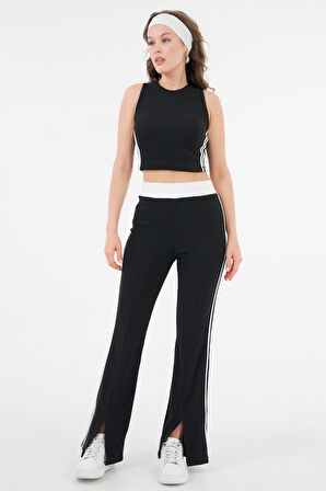 Siyah Şerit Detaylı Bisiklet Yaka Crop Bluz - Beli Lastikli Pantolon Fitilli Örme Takım