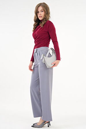 Gri Cırt Detaylı Pileli Palazzo Örme Pantolon