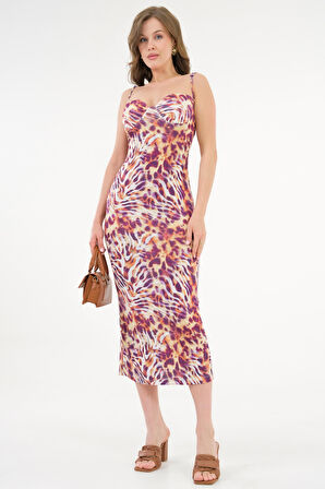 Çok Renkli Desenli Bodycon Askılı Örme Elbise