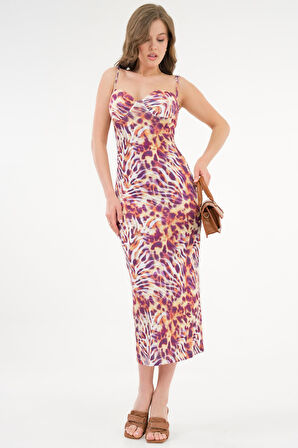 Çok Renkli Desenli Bodycon Askılı Örme Elbise