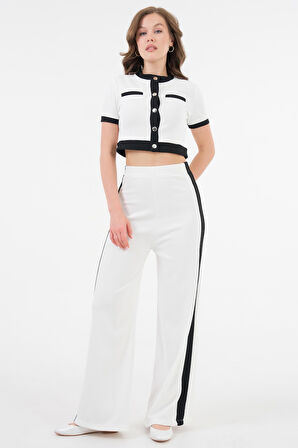 Beyaz Şerit Detaylı Çıtçıtlı Crop Bluz - Beli Lastikli Pantolon Fitilli Örme Takım