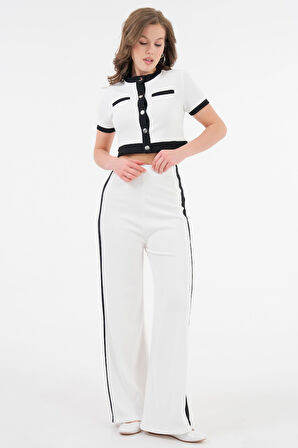 Beyaz Şerit Detaylı Çıtçıtlı Crop Bluz - Beli Lastikli Pantolon Fitilli Örme Takım