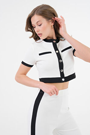 Beyaz Şerit Detaylı Çıtçıtlı Crop Bluz - Beli Lastikli Pantolon Fitilli Örme Takım