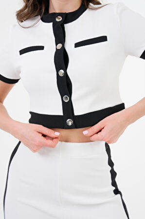 Beyaz Şerit Detaylı Çıtçıtlı Crop Bluz - Beli Lastikli Pantolon Fitilli Örme Takım