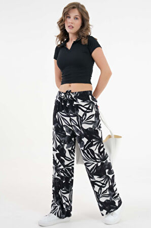 Beyaz Desenli Beli Lastikli Bağlamalı Bol Paça Dokuma Pantolon