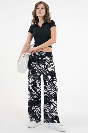 Beyaz Desenli Beli Lastikli Bağlamalı Bol Paça Dokuma Pantolon