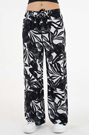 Beyaz Desenli Beli Lastikli Bağlamalı Bol Paça Dokuma Pantolon