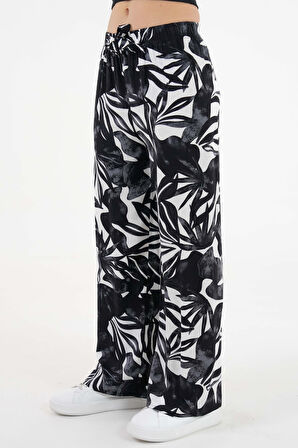 Beyaz Desenli Beli Lastikli Bağlamalı Bol Paça Dokuma Pantolon