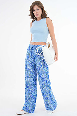 Açık Mavi Beli Lastikli Bağlamalı Bol Paça Dokuma Pantolon