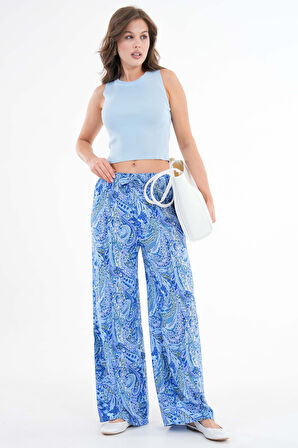 Açık Mavi Beli Lastikli Bağlamalı Bol Paça Dokuma Pantolon