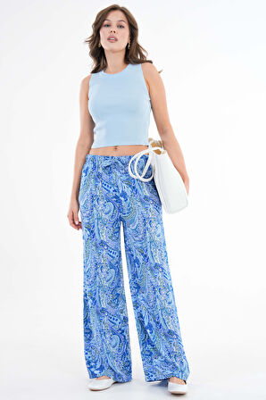 Açık Mavi Beli Lastikli Bağlamalı Bol Paça Dokuma Pantolon