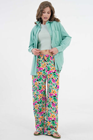 Çok Renkli Beli Lastikli Bağlamalı Bol Paça Dokuma Pantolon