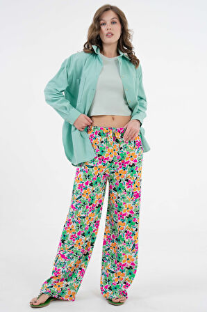 Çok Renkli Beli Lastikli Bağlamalı Bol Paça Dokuma Pantolon