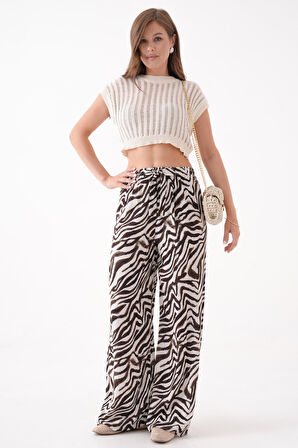 Bej Beli Lastikli Bağlamalı Bol Paça Dokuma Pantolon