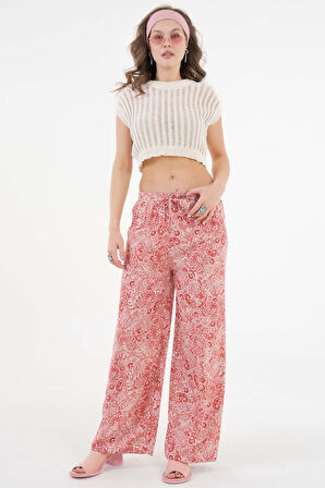 Kiremit Beli Lastikli Bağlamalı Bol Paça Dokuma Pantolon