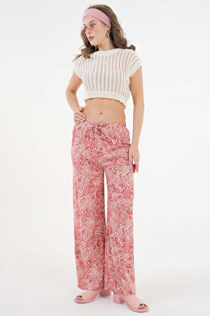 Kiremit Beli Lastikli Bağlamalı Bol Paça Dokuma Pantolon