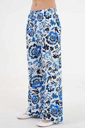 Mavi Çiçekli Beli Lastikli Bağlamalı Bol Paça Dokuma Pantolon