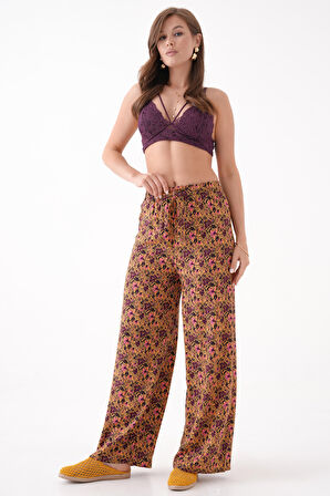 Sarı Beli Lastikli Bağlamalı Bol Paça Dokuma Pantolon