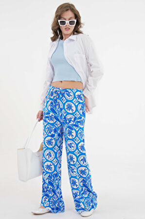 Mavi Beli Lastikli Bağlamalı Bol Paça Dokuma Pantolon