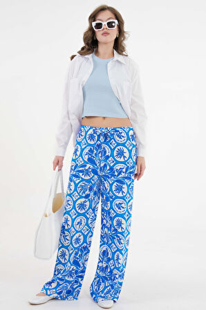 Mavi Beli Lastikli Bağlamalı Bol Paça Dokuma Pantolon