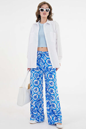 Mavi Beli Lastikli Bağlamalı Bol Paça Dokuma Pantolon