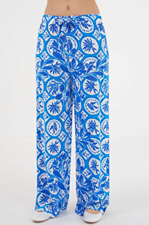 Mavi Beli Lastikli Bağlamalı Bol Paça Dokuma Pantolon