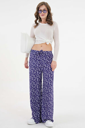 Lacivert Beli Lastikli Bağlamalı Bol Paça Dokuma Pantolon